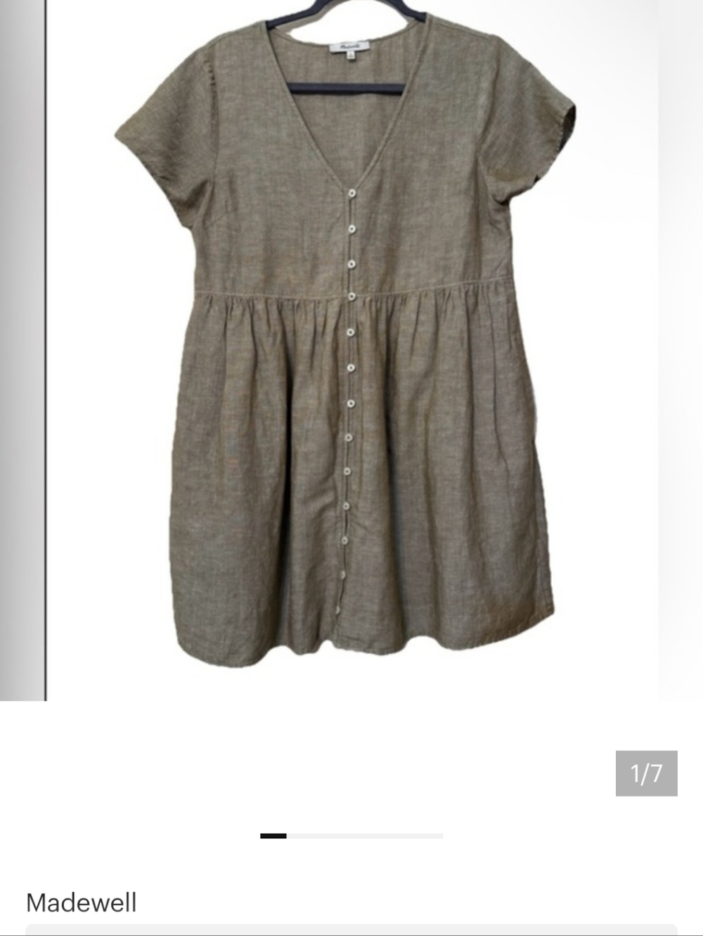 Madewell Linen-Blend Alexandra Button-Front Mini Dress Pockets Olive Green Med